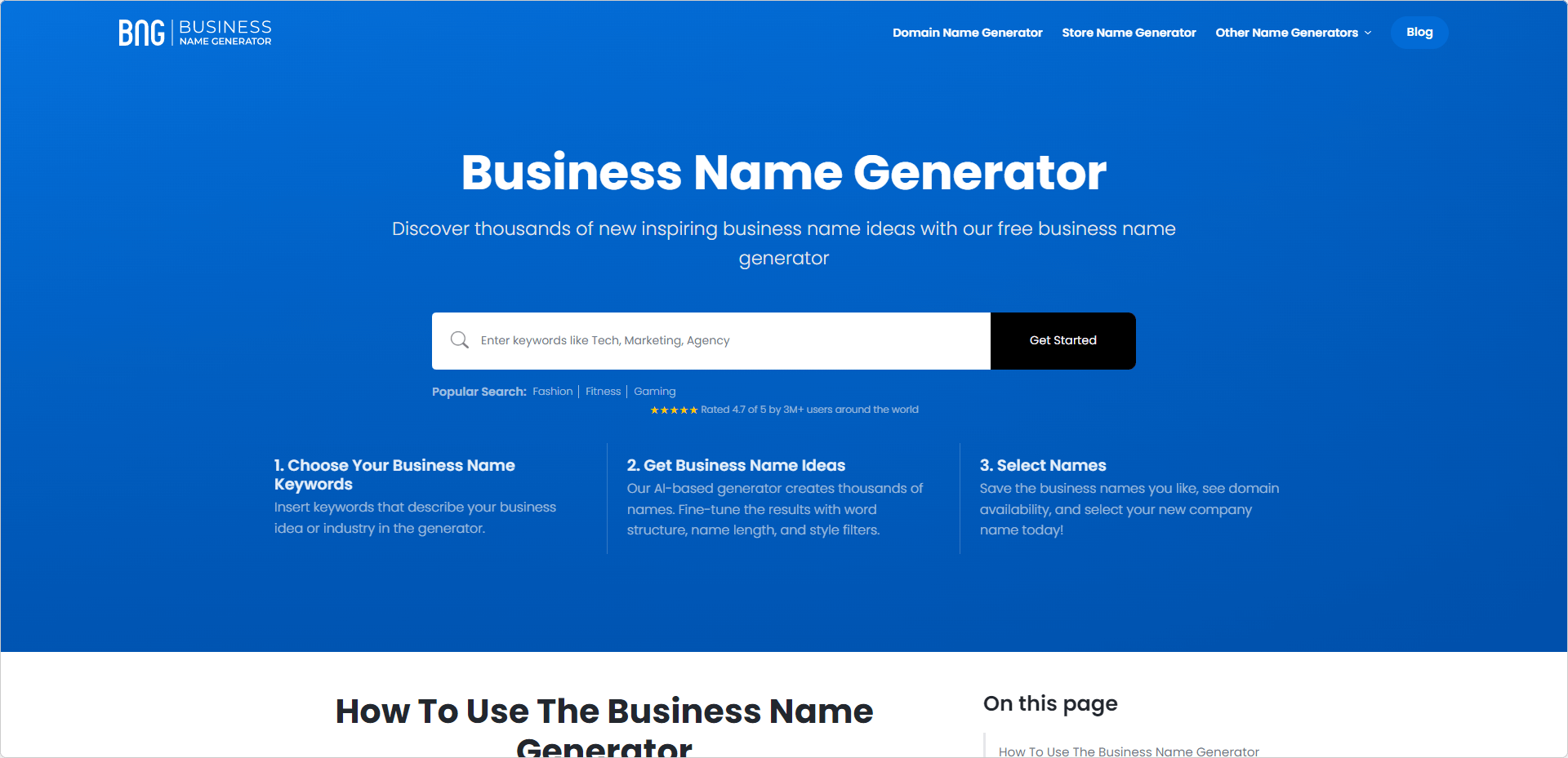 Business Name Generator hompage