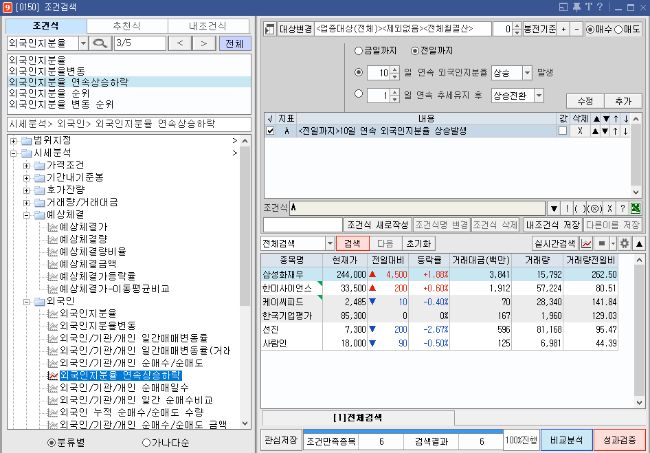 외국인지분율 연속상승하락 조건식