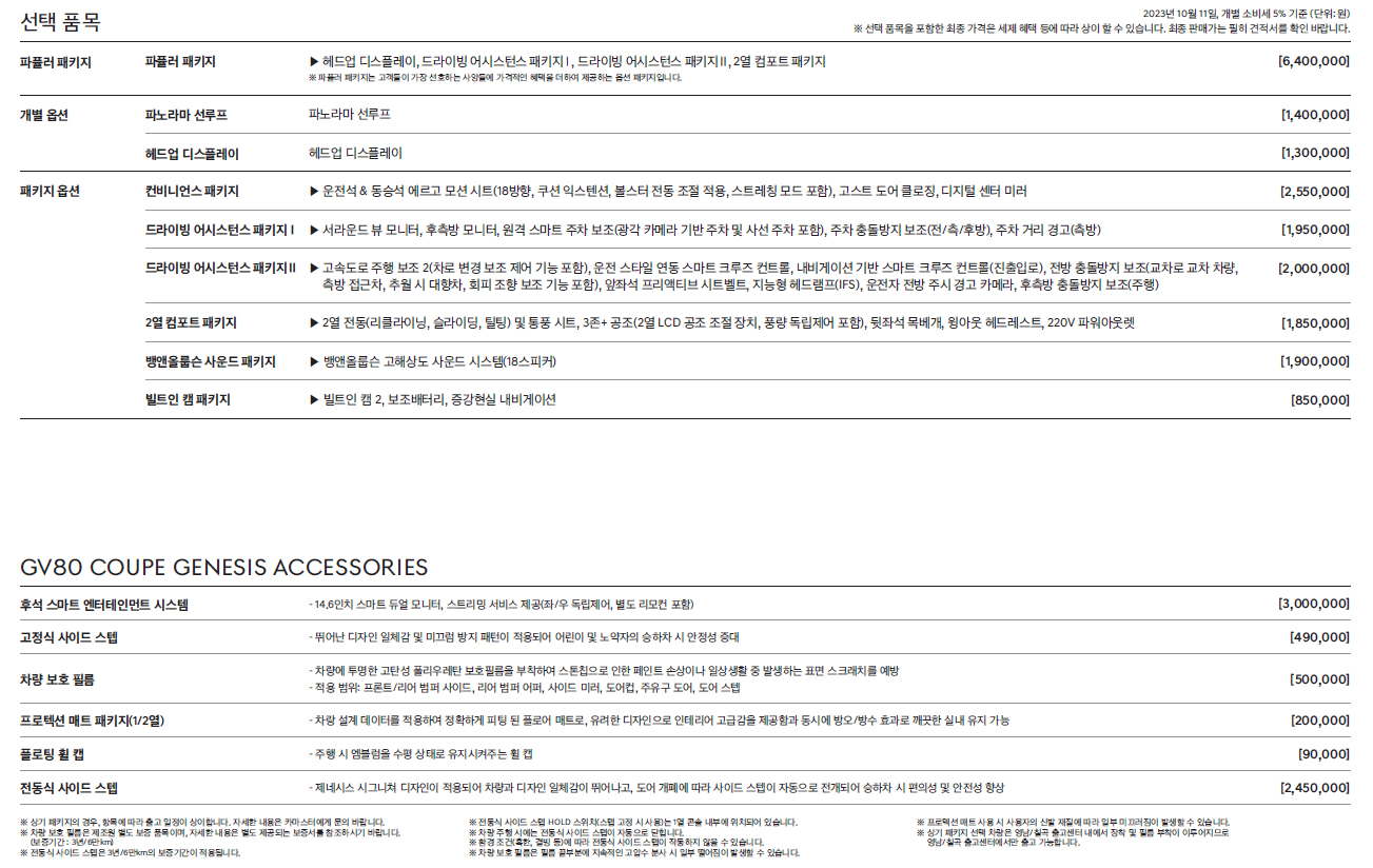 제네시스-SUV-GV80 쿠페-선택품목 가격표