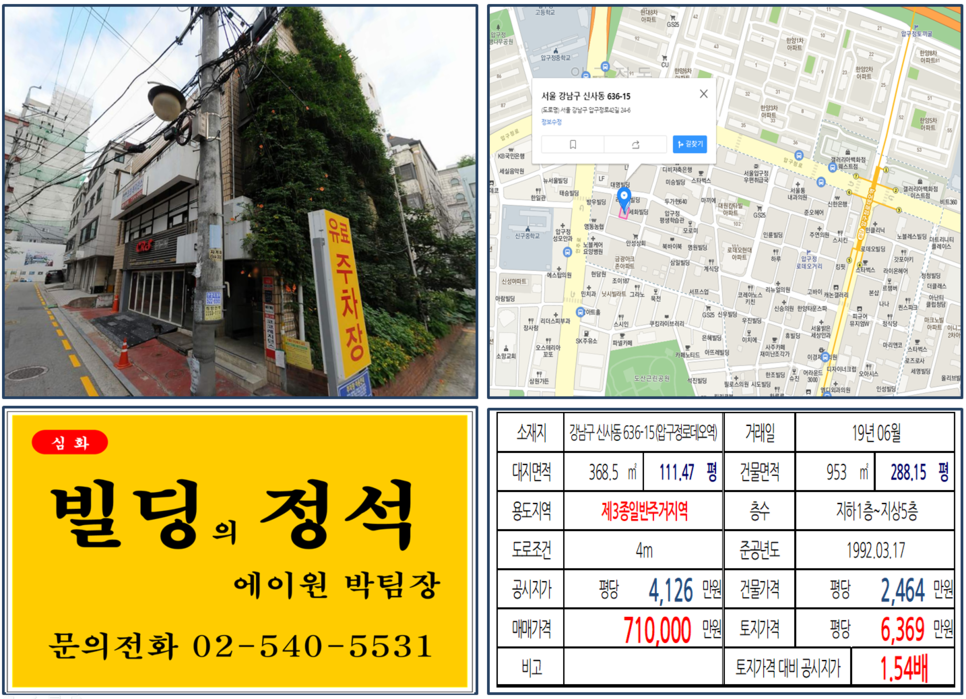  [강남구 빌딩매매 사례]신사동 636-15(압구정로데오역) 71억, 평당6,369만원