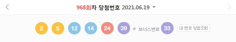  968회차 로또 당첨번호 (1등 당첨자는 13명으로 당첨금은 16억 6772만 원)