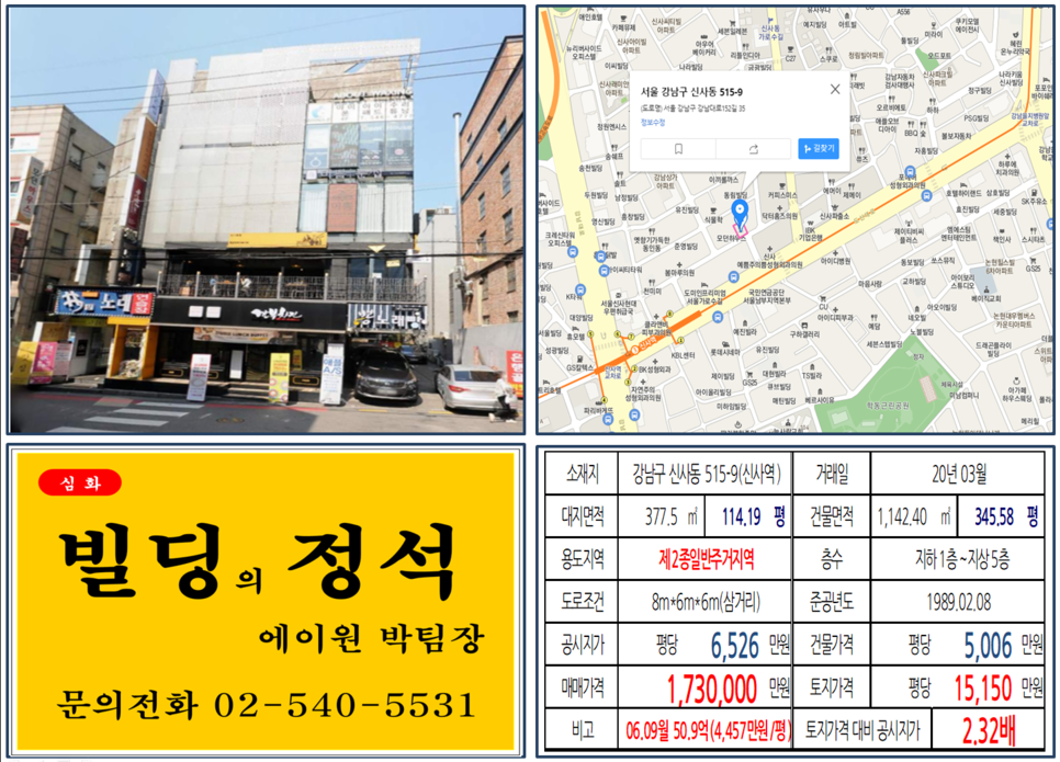  [강남구 가로수길 삼거리빌딩 실거래가 조회] 신사동 515-9 (신사역) 173억 원, 평당 15,150만 원,세로수길 임대수익 및 투자용빌딩,