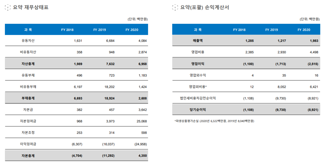 맥스트의 요약 재무상황표와 요약 손익계산서