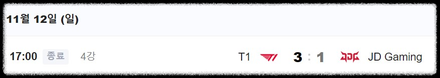 4강 2차전 T1 vs JD Gaming 경기 결과(출처:네이버e스포츠)