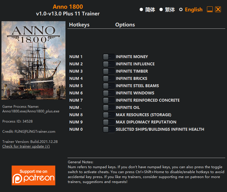  [트레이너] 한글판 아노 1800 Anno 1800 v1.0-v13.0 Plus 11 Trainer 영문판