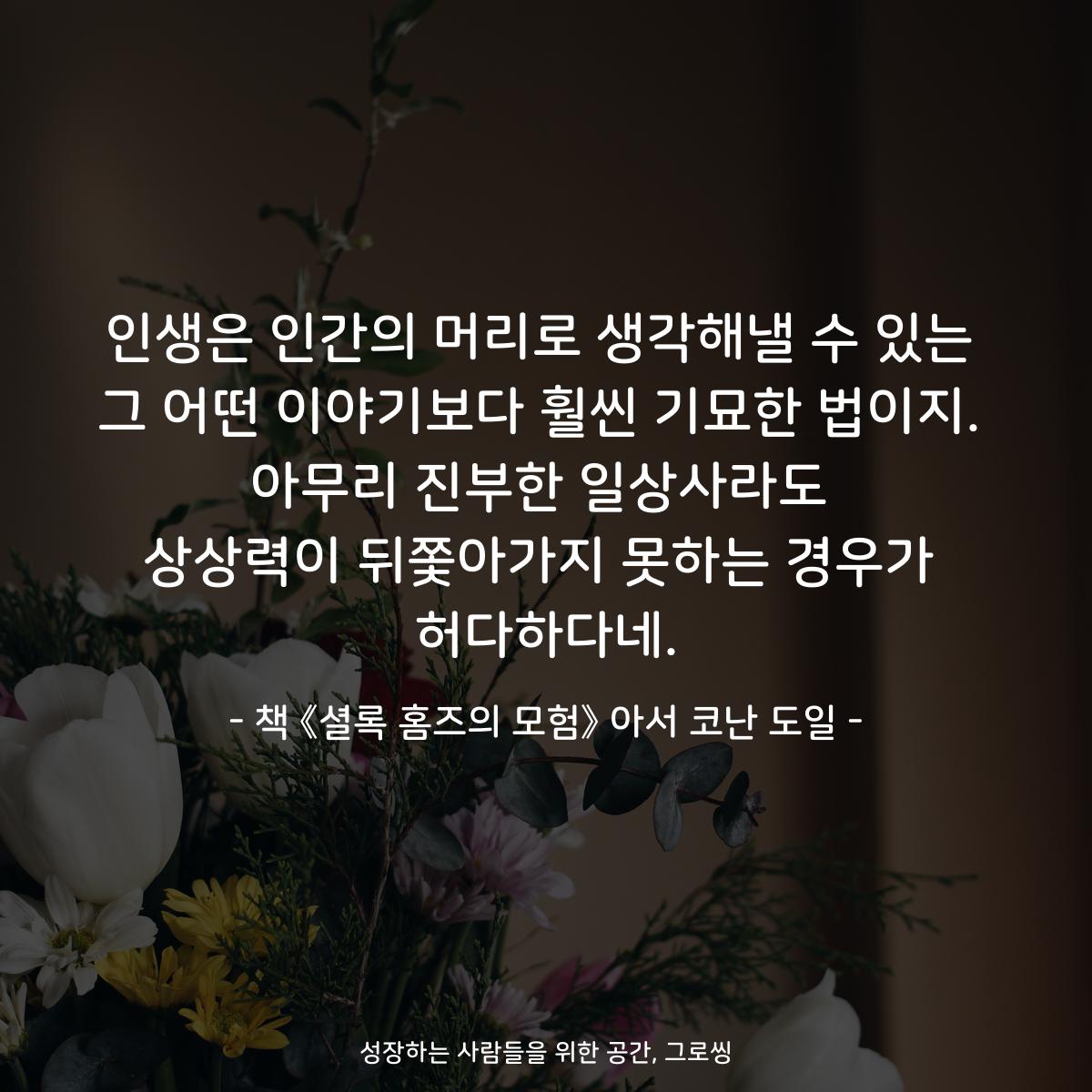 인생은 인간의 머리로 생각해낼 수 있는
그 어떤 이야기보다 훨씬 기묘한 법이지.
아무리 진부한 일상사라도
상상력이 뒤쫓아가지 못하는 경우가
허다하다네.