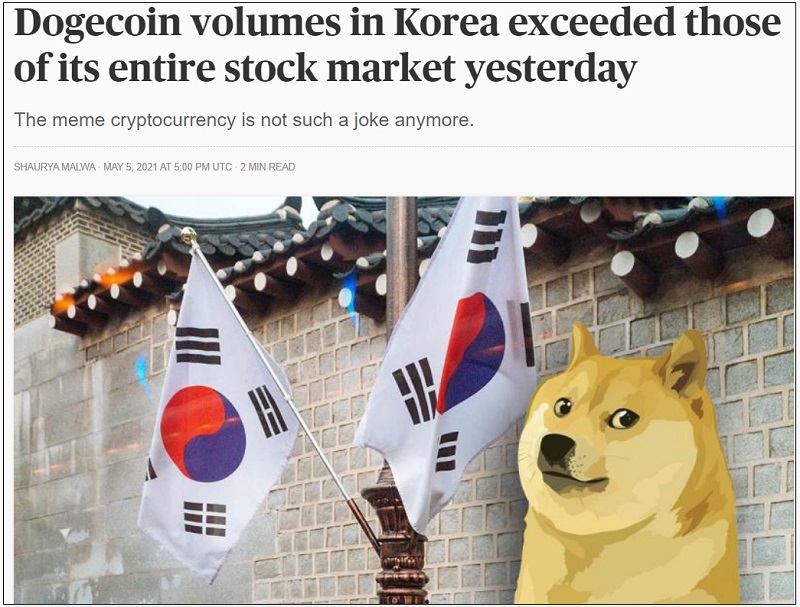  도지코인 거래액 160억 달러, 주식시장 거래액 추월 ㅣ 뉴욕 도착  머스크의 말 한마디에 촉각 코인 투자자들 Cryptocurrency Dogecoin surges ahead of Elon Musk’s ‘SNL’ gig
