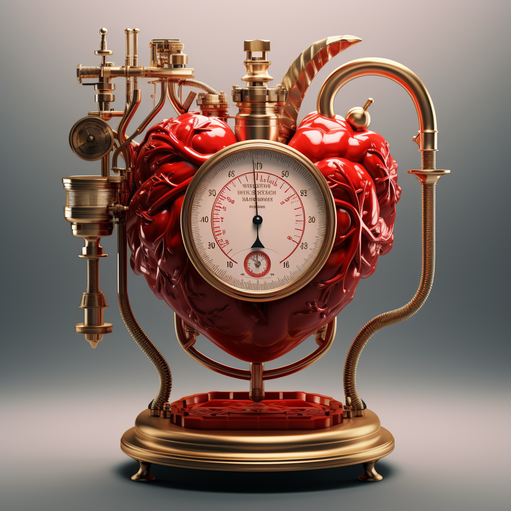 고혈압을 표현한 그림&#44; 압력을 표시해주는 기계와 심장이 합쳐져있는 모습