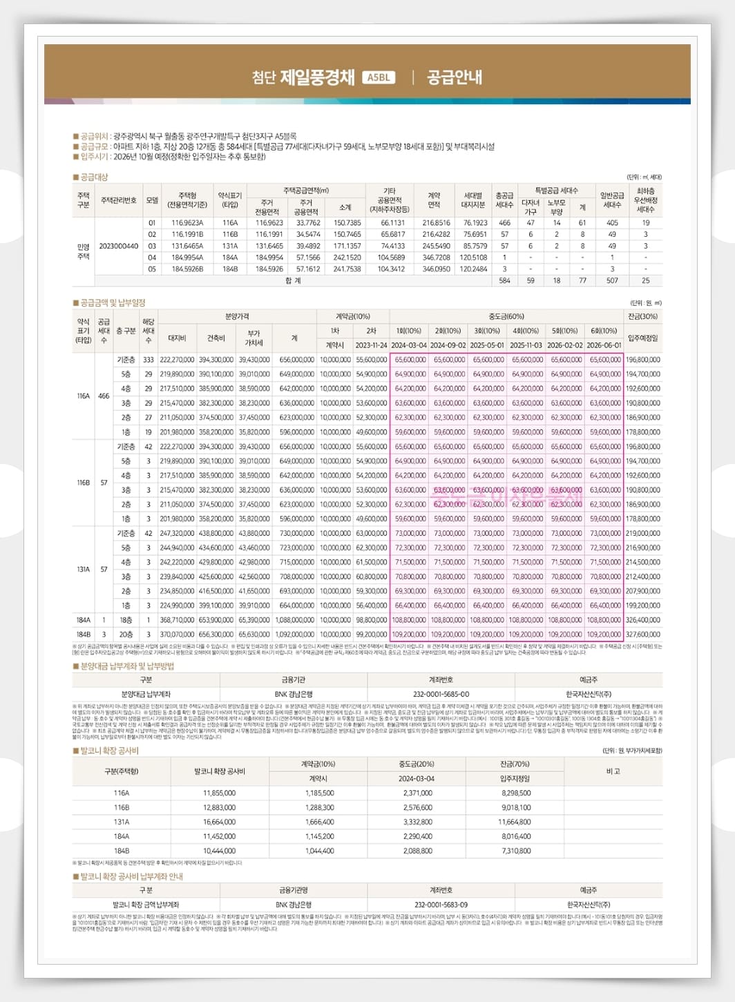 첨단 제일풍경채 A5블럭 분양가