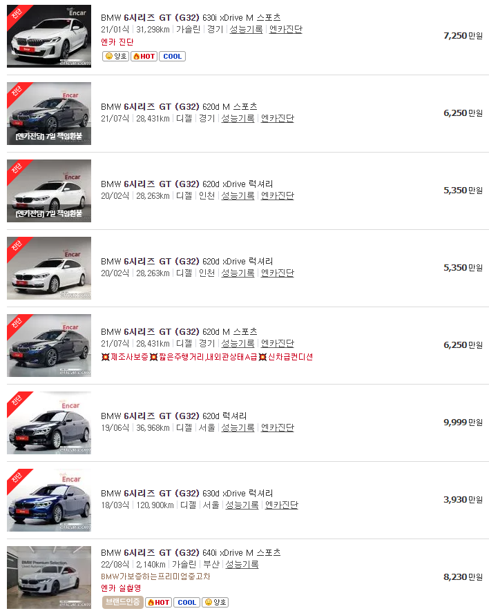 BMW 6시리즈 GT(G32) 중고차 가격