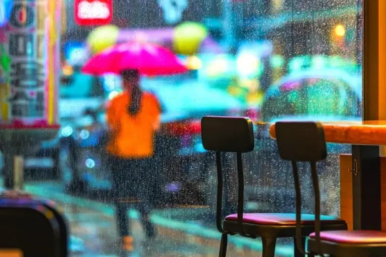 서울의 실내 공간이나 거리에서 비가 내리는 모습을 담은 사진