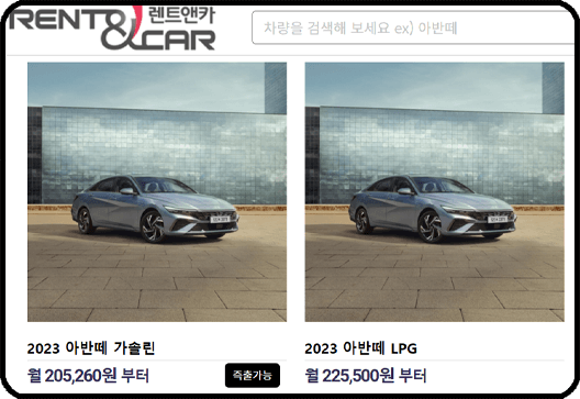 장기렌트카 가격표 확인 사이트 - 렌트앤카, 가격 비교 검색 화면
