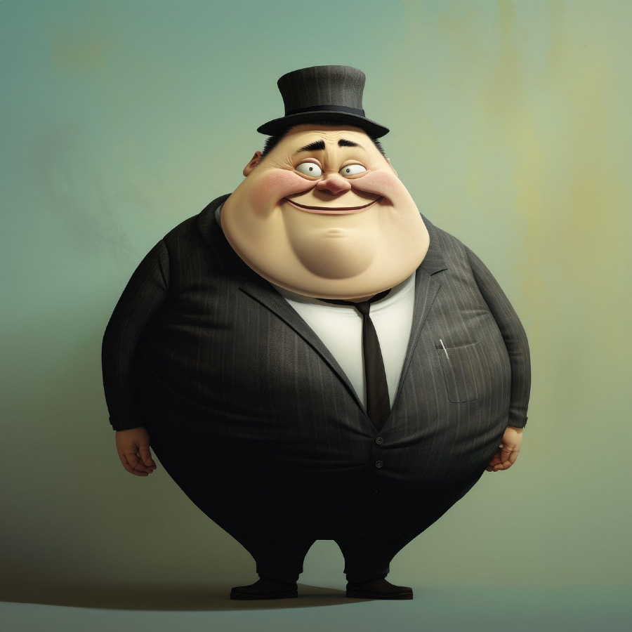 뚱뚱한 남자 캐릭터가 양복을 입고 있는데&#44; 살이 많이 쪄서 양복이 터질 것과 같고&#44; 머리에는 중절모를 쓰고 웃고 있는 이미지 사진
