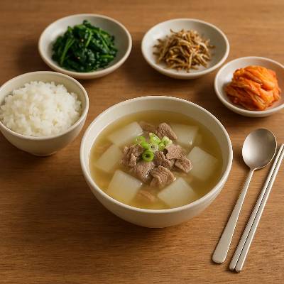 소고기묵국과 밥 곁들이 반찬
