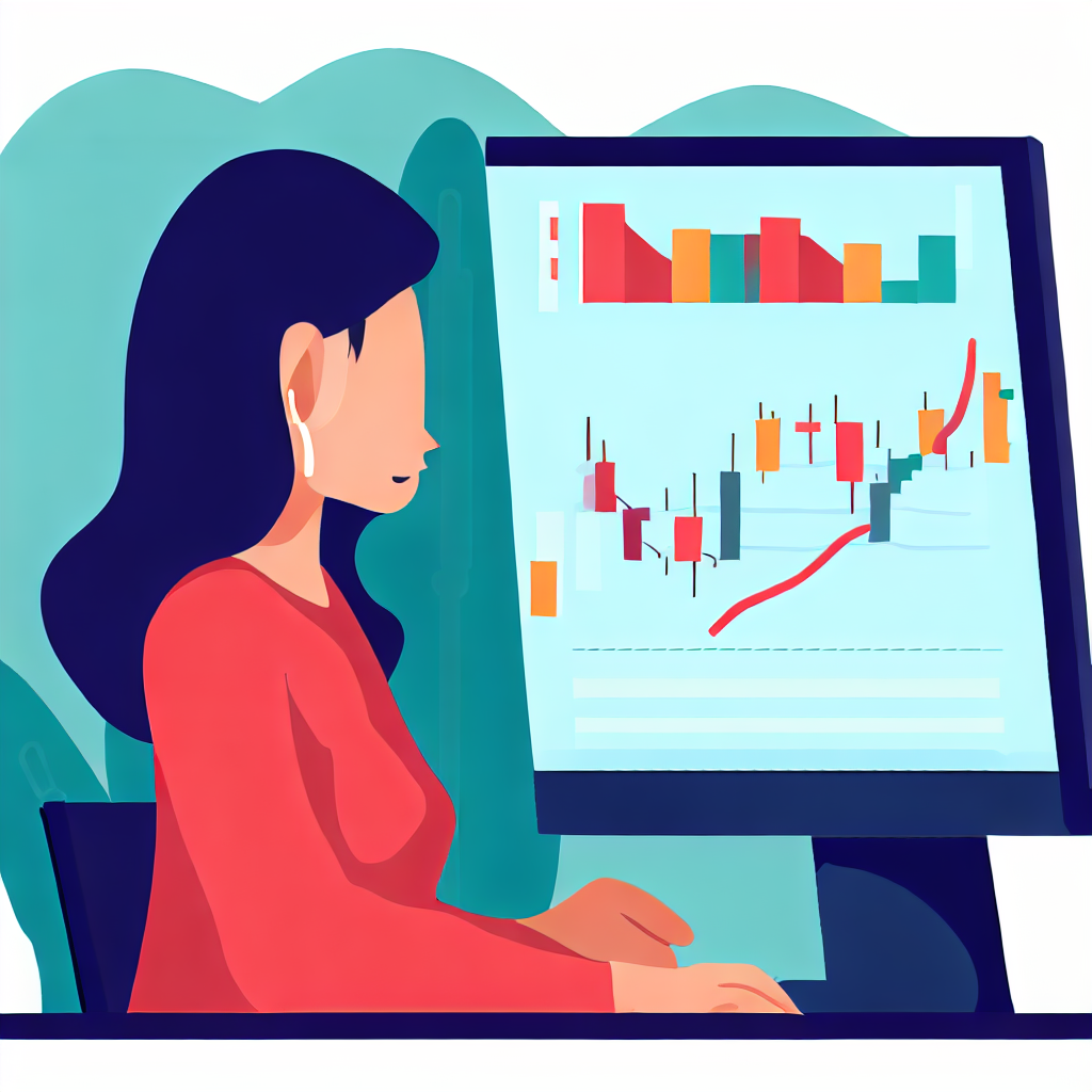 Flat vector style image of a woman in her 20s looking at a computer screen displaying stock market data.