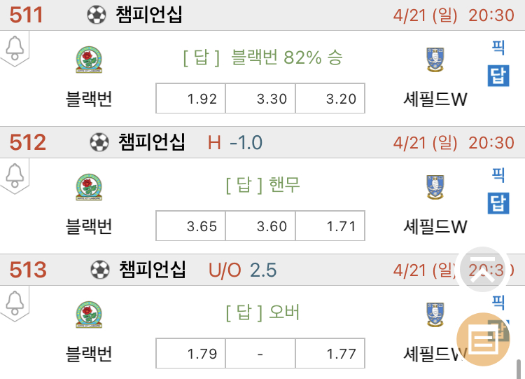 [진짜총판] 4월21일 블랙번 VS 셰필드 해외축구분석