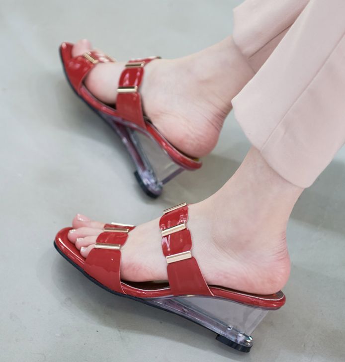  투밴딩 투명웨지굽 6.5cm 웨지슬리퍼 뮬