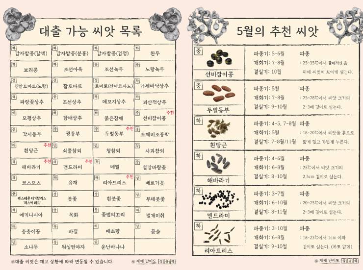 씨앗 대출 가능 목록 및 5월 추천 씨앗 &#44; 출처 : 서울식물원