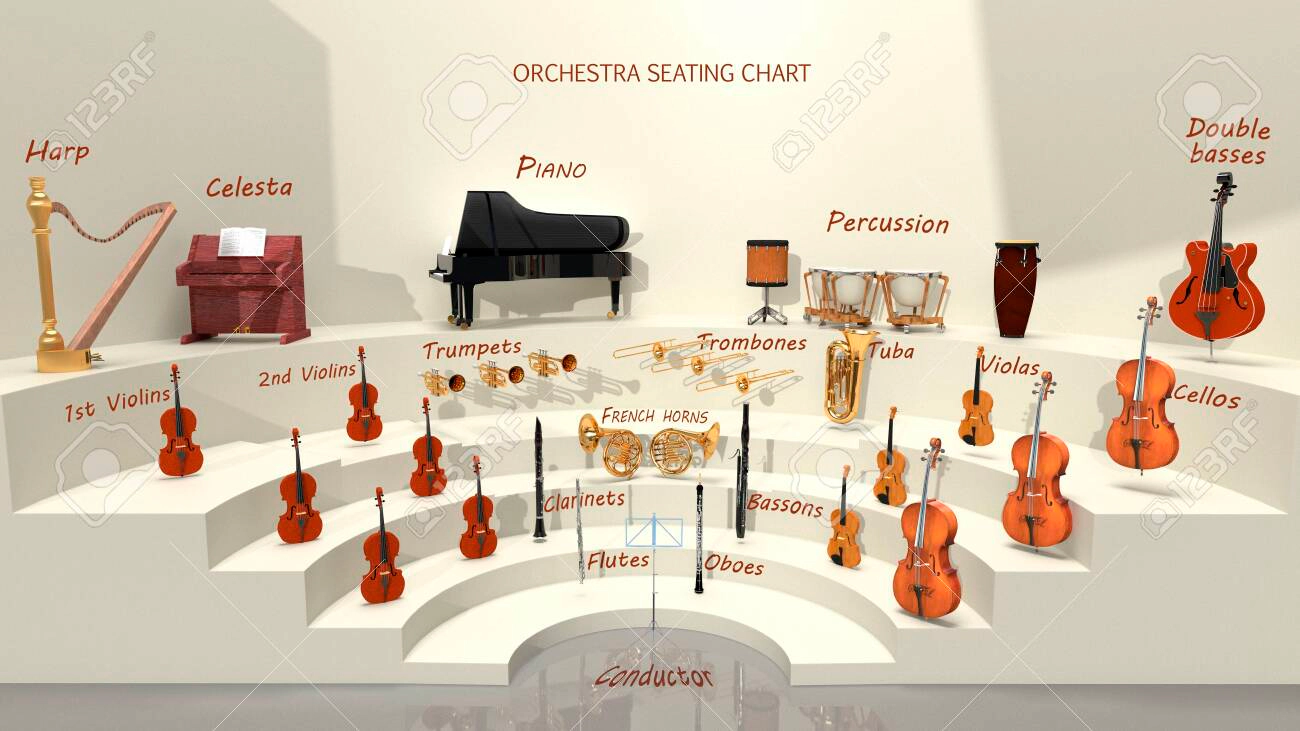 오케스트라에서 악기 배치를 보여주는 이미지입니다.