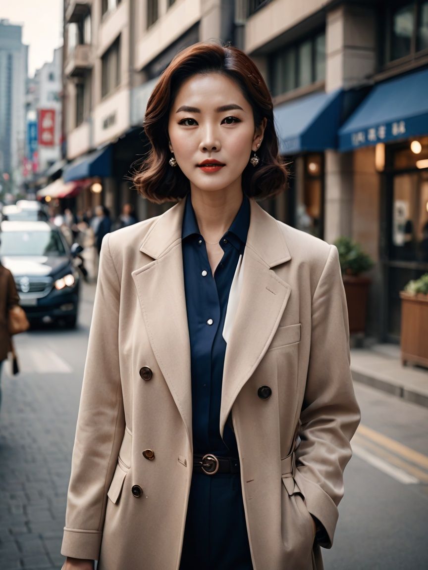베이지, 네이비 코디 사진