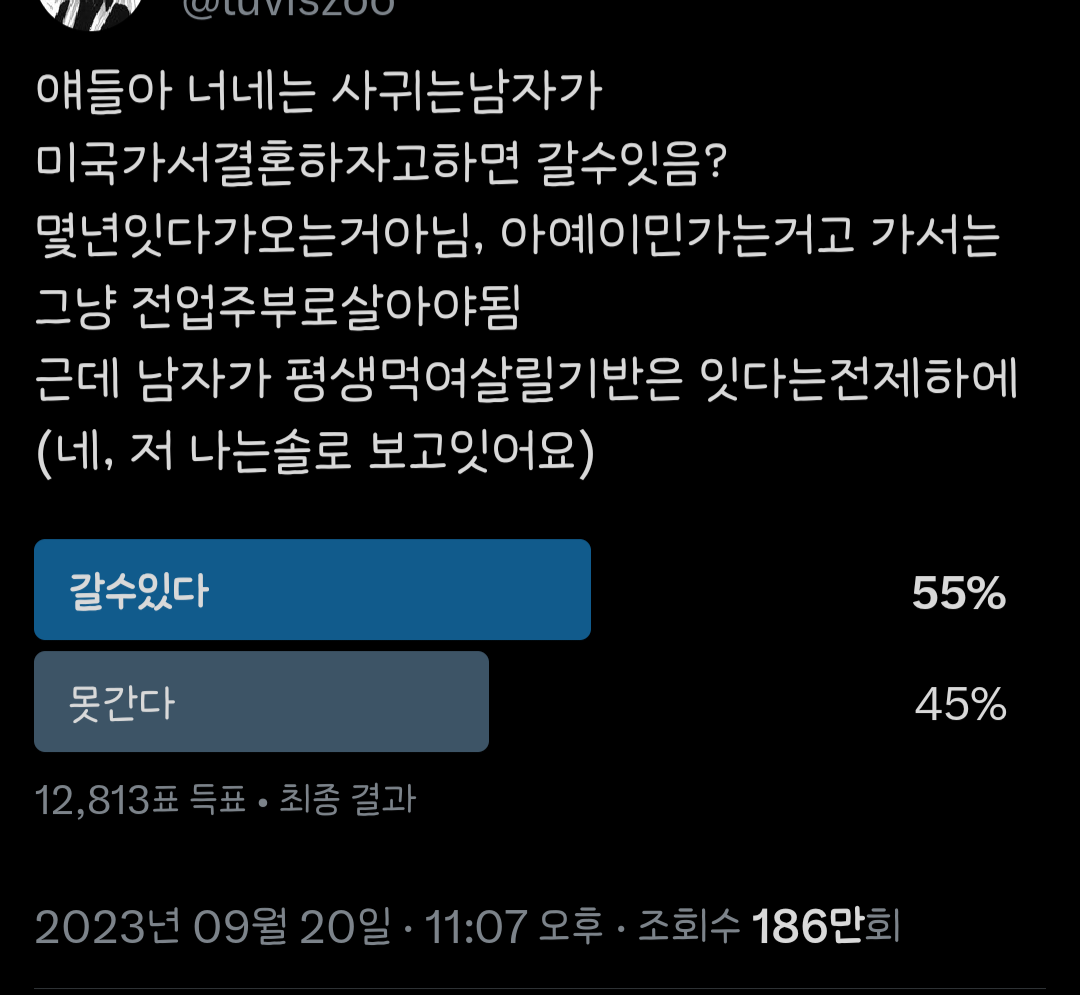 너네는 사귀는 남자가 미국 가서 결혼하자고 하면 갈 수 있음?