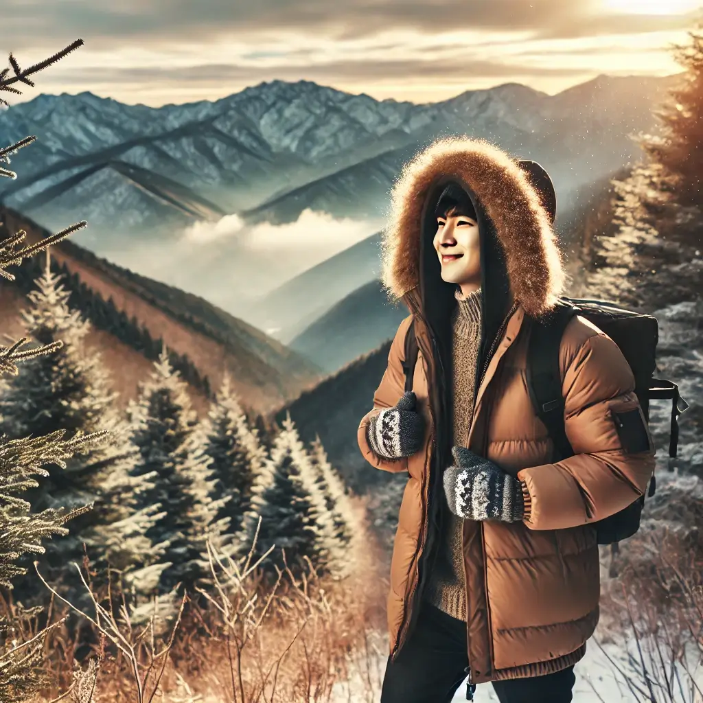 패딩 입고 겨울 산을 걷는 모습