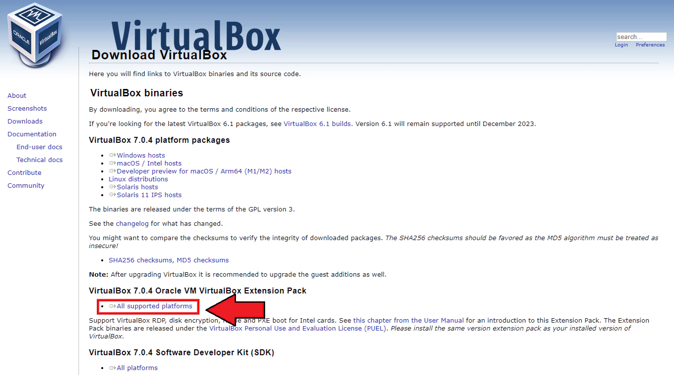VirtualBox 확장팩 다운로드 페이지