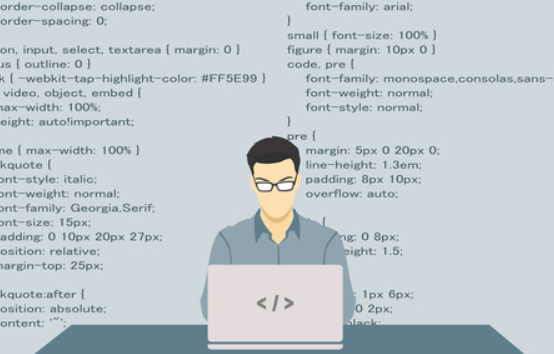 안경을 쓰고 컴퓨터 앞에 앉아 있는 남자 그림뒤로 영어로 코드들이 적혀있는 그림