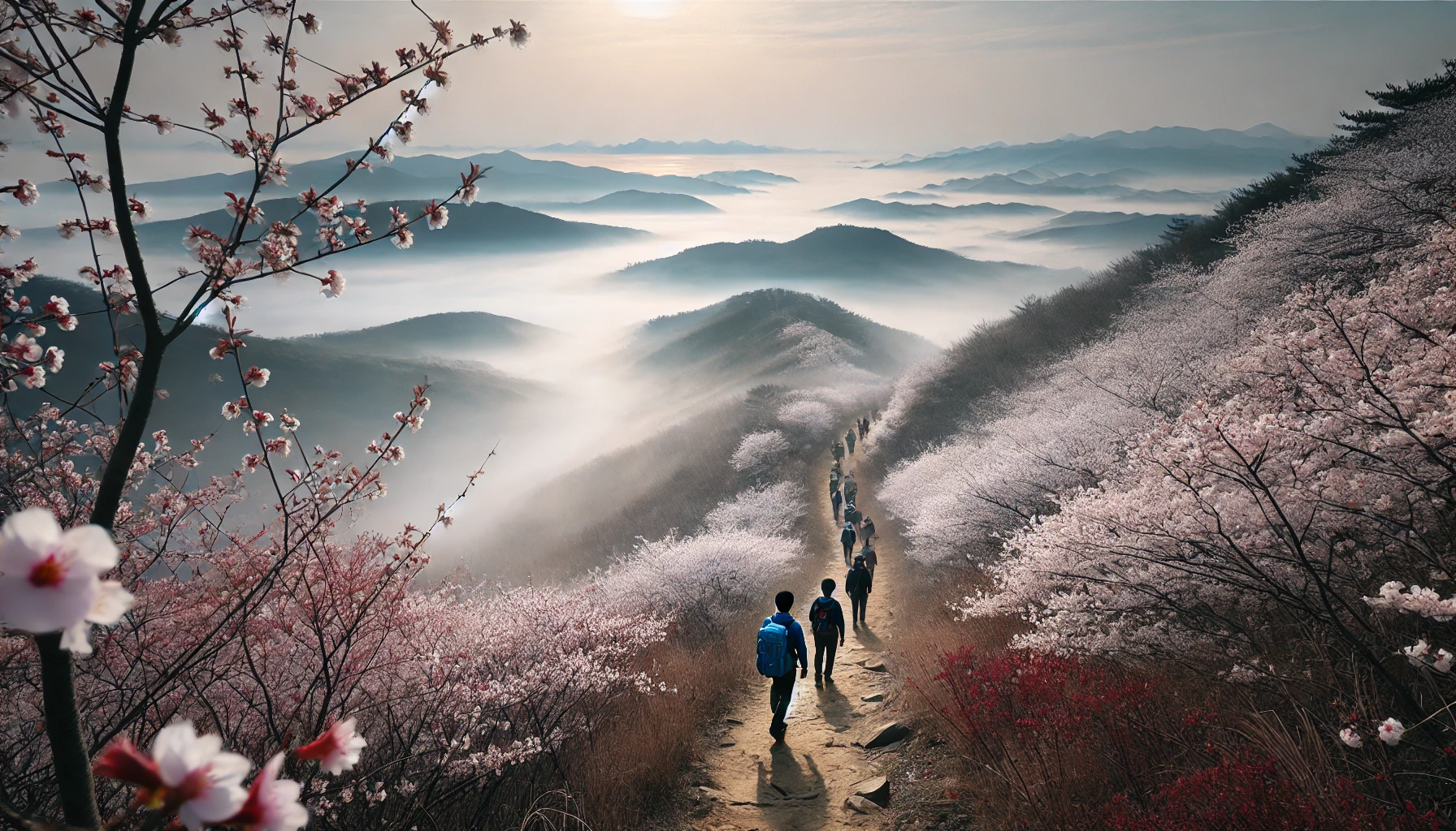 해질녘 붉은 노을과 벚꽃 능선을 따라 걷는 사람들&amp;#44; 여수 영취산 벚꽃 절경