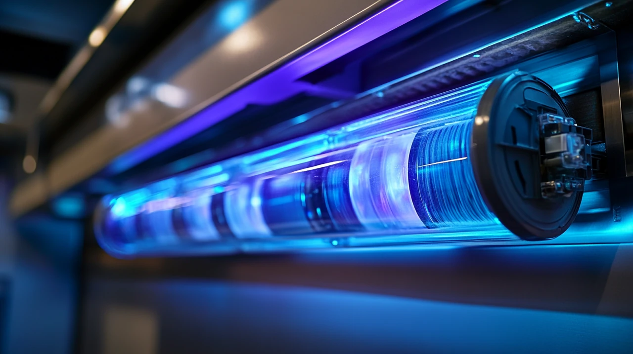 에어컨의 UV LED 팬 살균 기능과 세척 가능한 필터를 강조하여 청결함과 혁신적인 기술 특징을 표현합니다. 위생적이고 관리가 용이한 시스템이 돋보입니다.