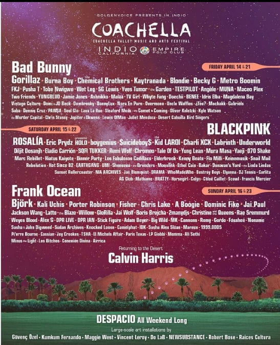 블랙핑크&#44; 미국 &#39;코첼라&#39; 축제 K-POP 최초 헤드라이너 됐다 VIDEO:Coachella 2023 lineup announced featuring Bad Bunny&#44; BLACKPINK&#44; Frank Ocean