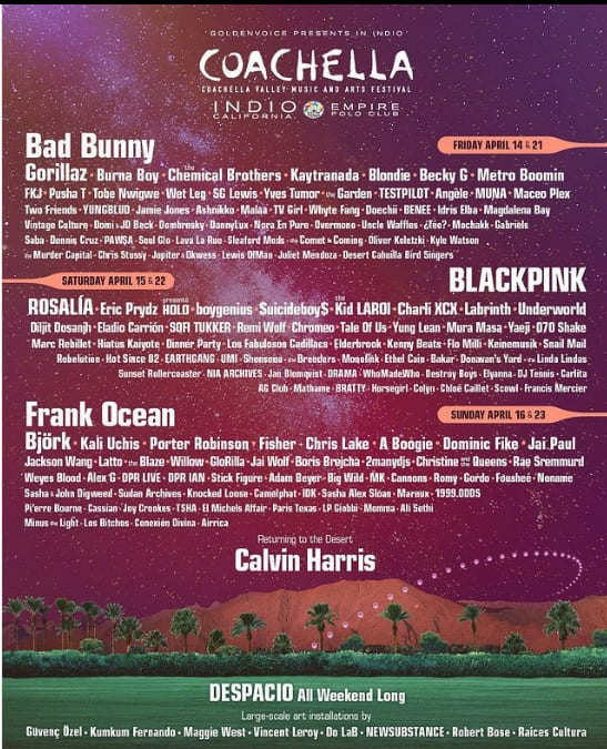 블랙핑크, 미국 '코첼라' 축제 K-POP 최초 헤드라이너 됐다 VIDEO:Coachella 2023 lineup announced featuring Bad Bunny, BLACKPINK, Frank Ocean
