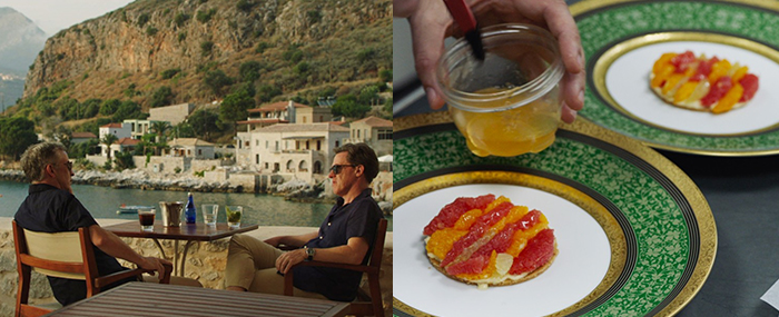 그리스-배경으로-영국-배우-두명이-미식여행기로-음식을-먹으며-대화하고-있는-사진