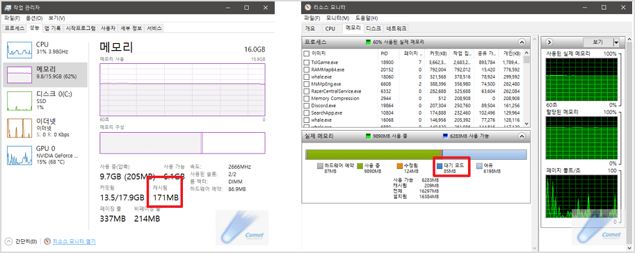 PC-메모리-정리한-뒤-캐시-메모리-및-대기-모드-메모리-상태