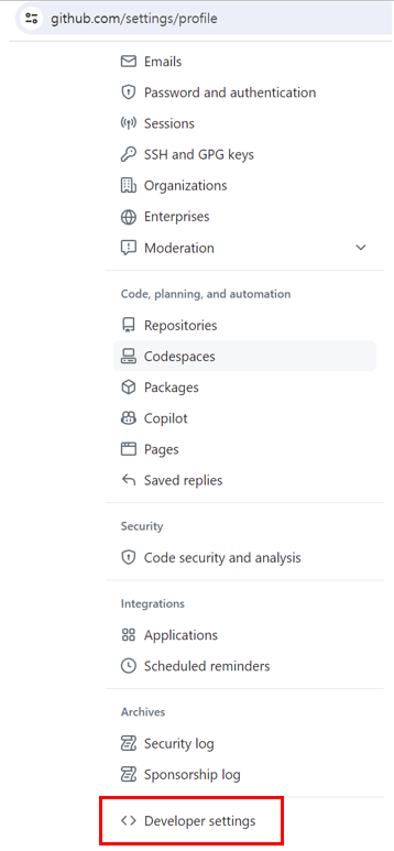 GitHub Settings Developer settings