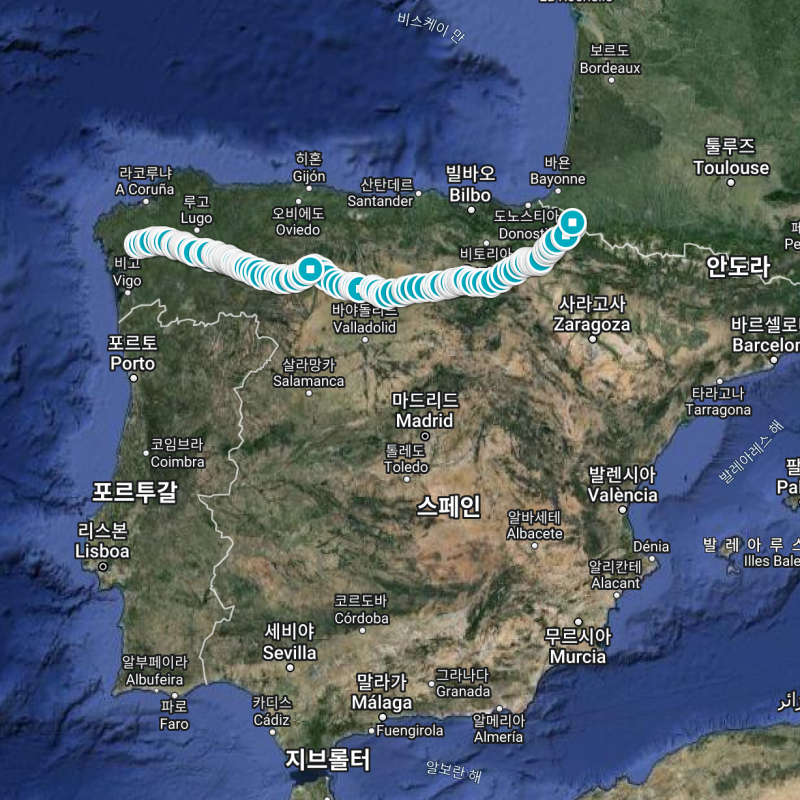 구글 지도에 표시된 산티아고 순례길 프랑스길 마을 표시