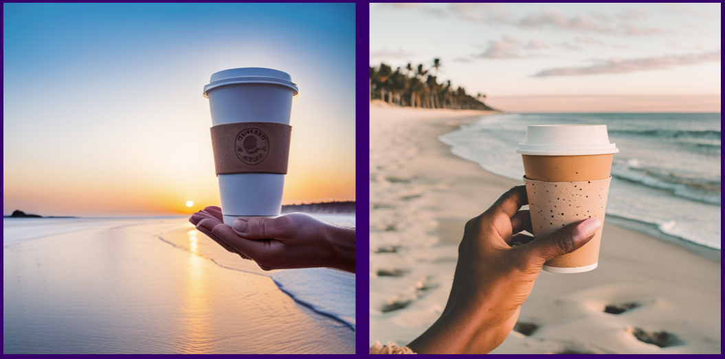 SDXL beta(왼쪽)과 0.9버전(오른쪽) 비교 -&nbsp; 커피잔을 들고 있는 매니큐어 칠한 손. 해변&#44; 인스타그램