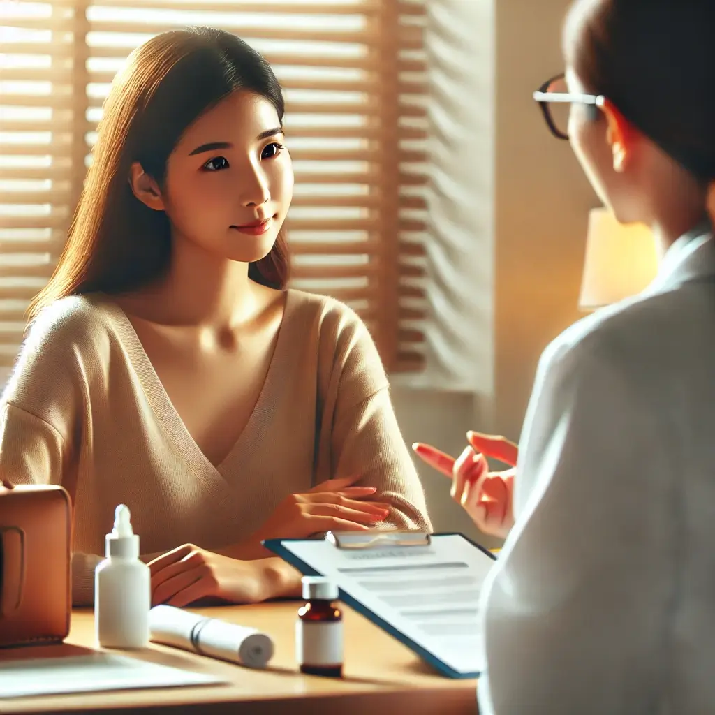 피부과에서 상담을 받고 있는 여성의 이미지.