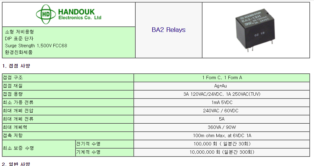 한독전자 기판용 릴레이 BA2 시리즈 릴레이의 제품의 특성을 설명한 사진