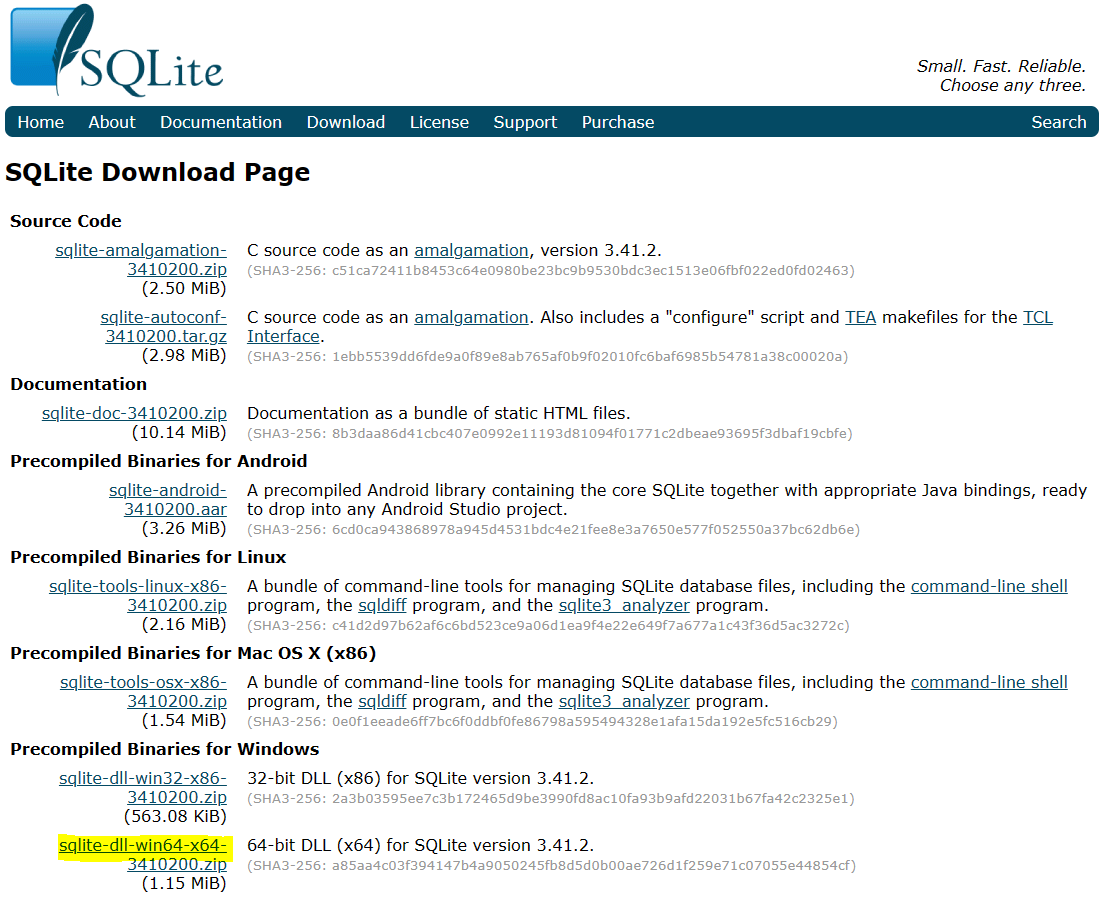 SQLite 다운로드 페이지