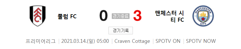  프리미어리그 / 2021년 3월 14일 경기 - 풀럼(0) VS 맨시티(3) 축구 하이라이트