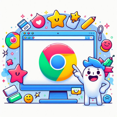 크롬 로고 주위에 아이콘이 가득한 알록달록한 브라우저 일러스트