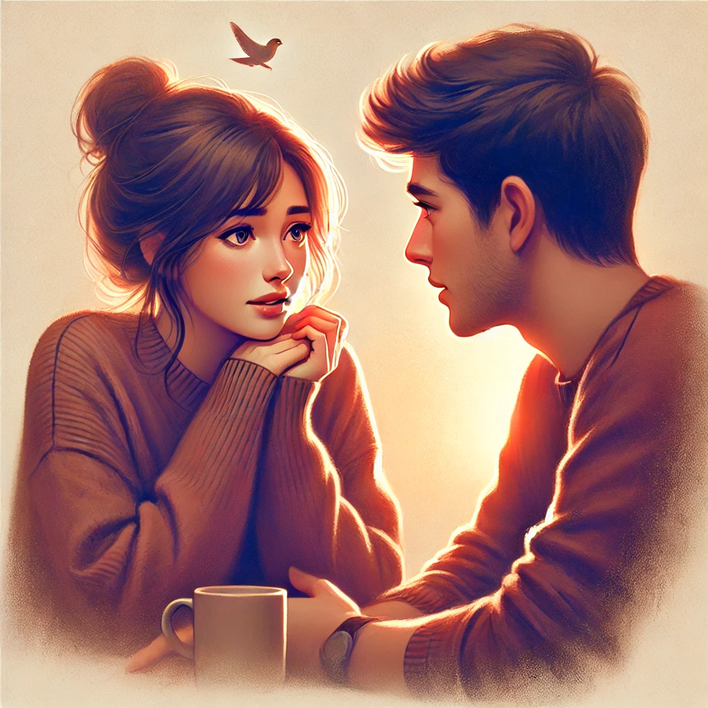 연인과 깊은 대화를 나누며 감정을 솔직하게 표현하는 ENFP 여성. 따뜻하고 감성적인 연애 관계를 상징
