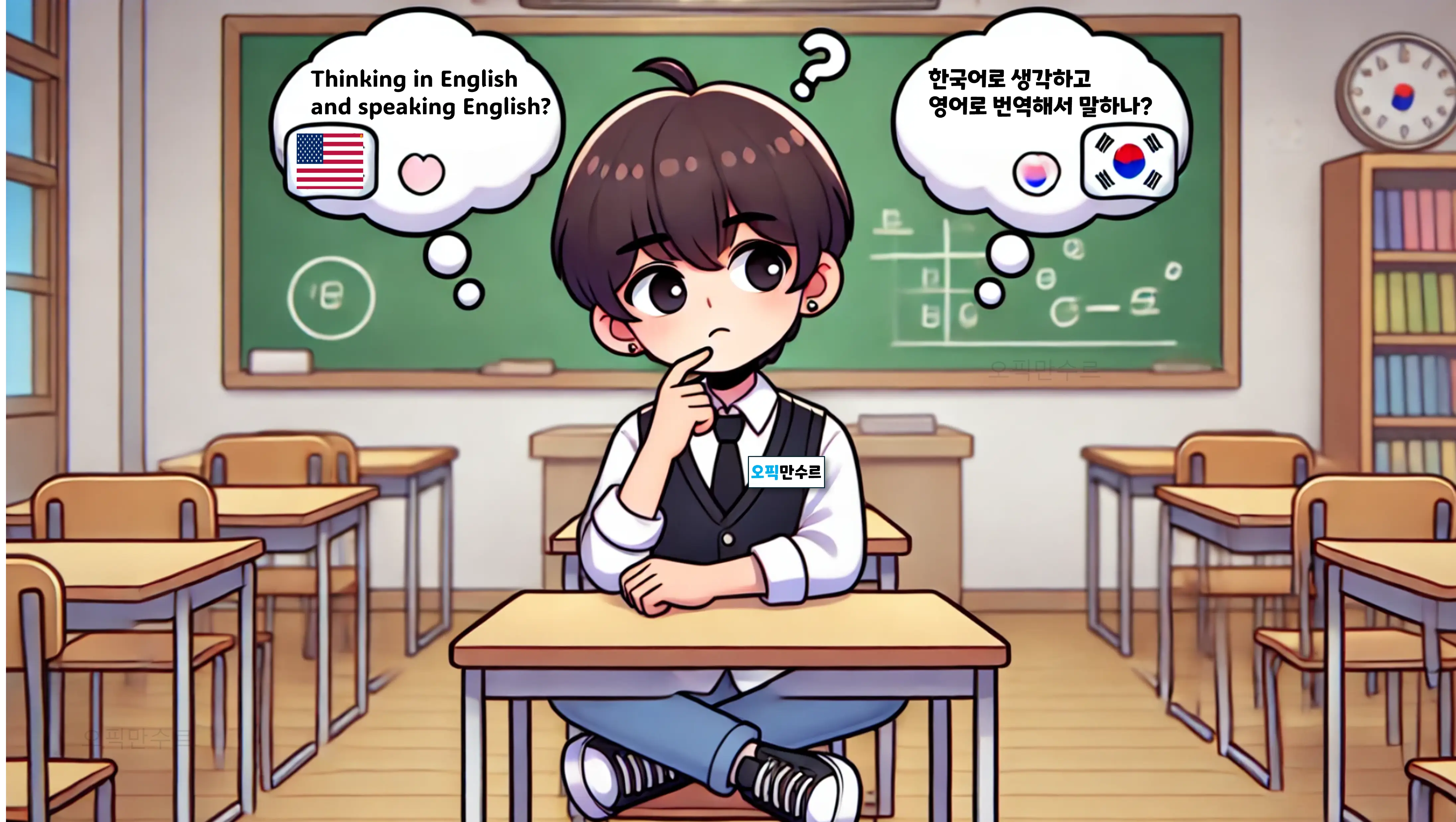 오픽 시험에서 영어로 말할 때, 한국어로 생각한 후 영어로 번역해서 말을 해야할 지 아니면 영어로 생각하고 영어로 말해야 하는지 고민하는 모습