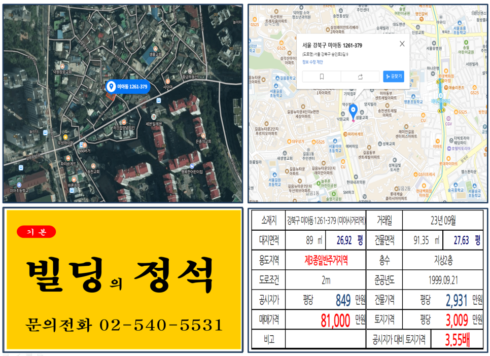  [강북구 길음뉴타운 8억 꼬마빌딩 실거래가 조회] 미아동 1261-379 (미아사거리역) 8억 1,000만 원, 평당 3,009만 원 매매되었습니다.