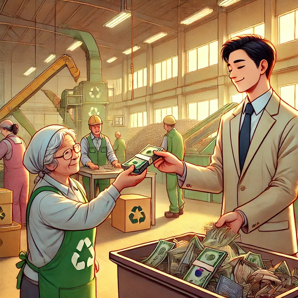 근로자가 급여를 봉투로 지급받는 장면. 주휴수당 지급이 제대로 되었는지 확인하는 모습
