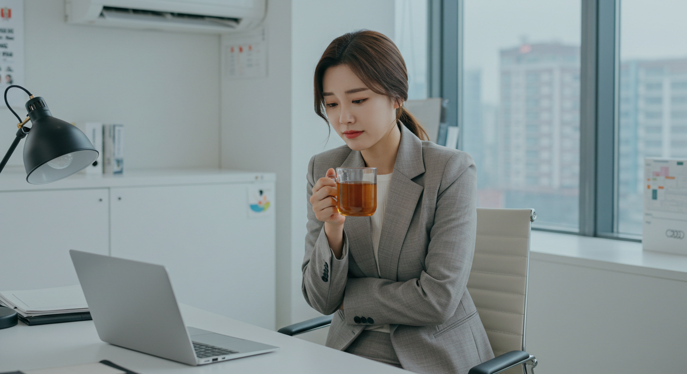 사무실에서 추워하는 여성 따뜻한 차 마시는 모습