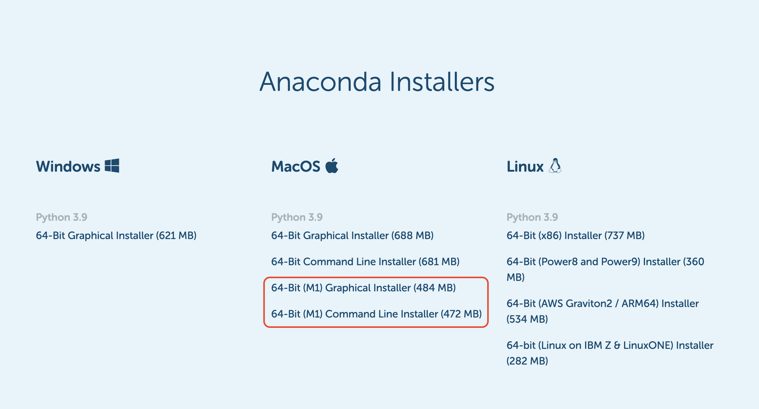 [그림 2-2] 아나콘다 애플 실리콘(M1&#44; M2...) ARM 버전 다운로드