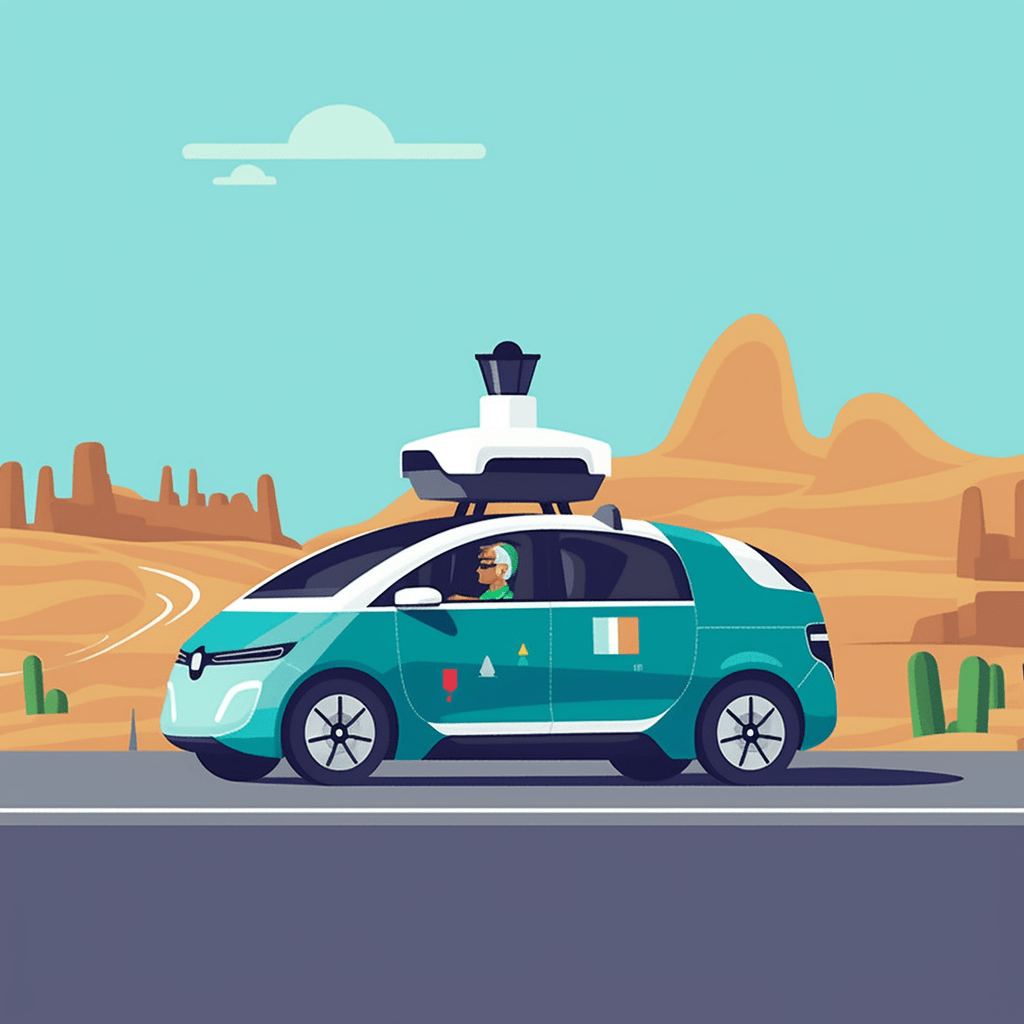 a self-driving car with a driver and a laptop on the highway