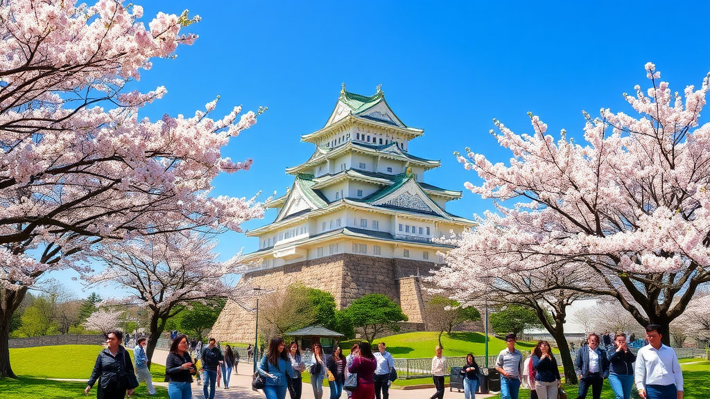 Daytime shot of the majestic Osaka Castle in Japan. The castle stands prominently with its stone walls and multi-tiered roof, surrounded by cherry blossom trees in bloom (or lush greenery depending on the season). People are walking in the foreground.